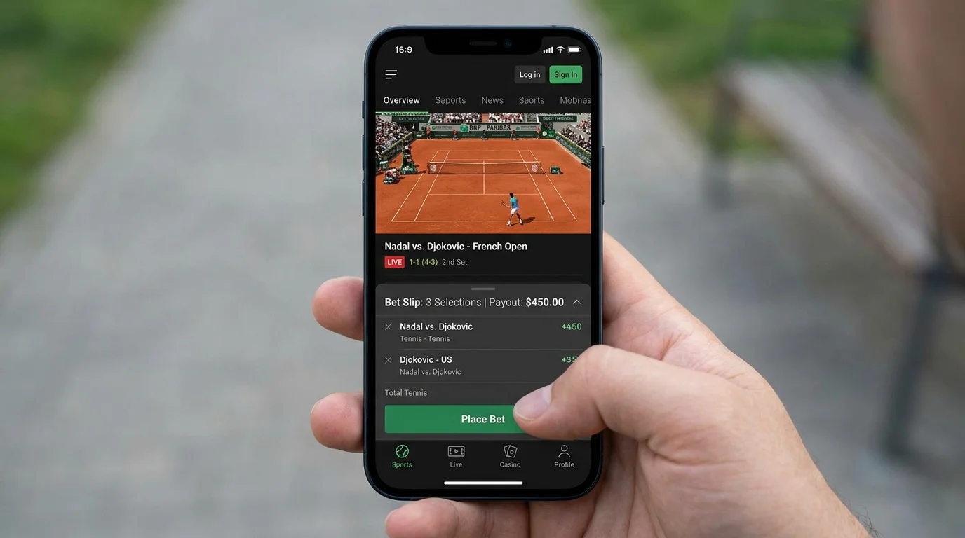 Persistent bet slip at bottom of tennis betting mobile app interface