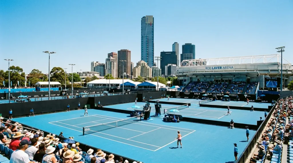 Melbourne Park hard court under Australian summer sun with betting market analysis