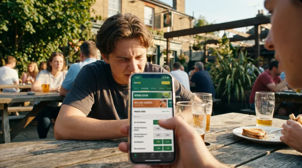 Beginner placing first tennis bet on a mobile phone at a UK sportsbook