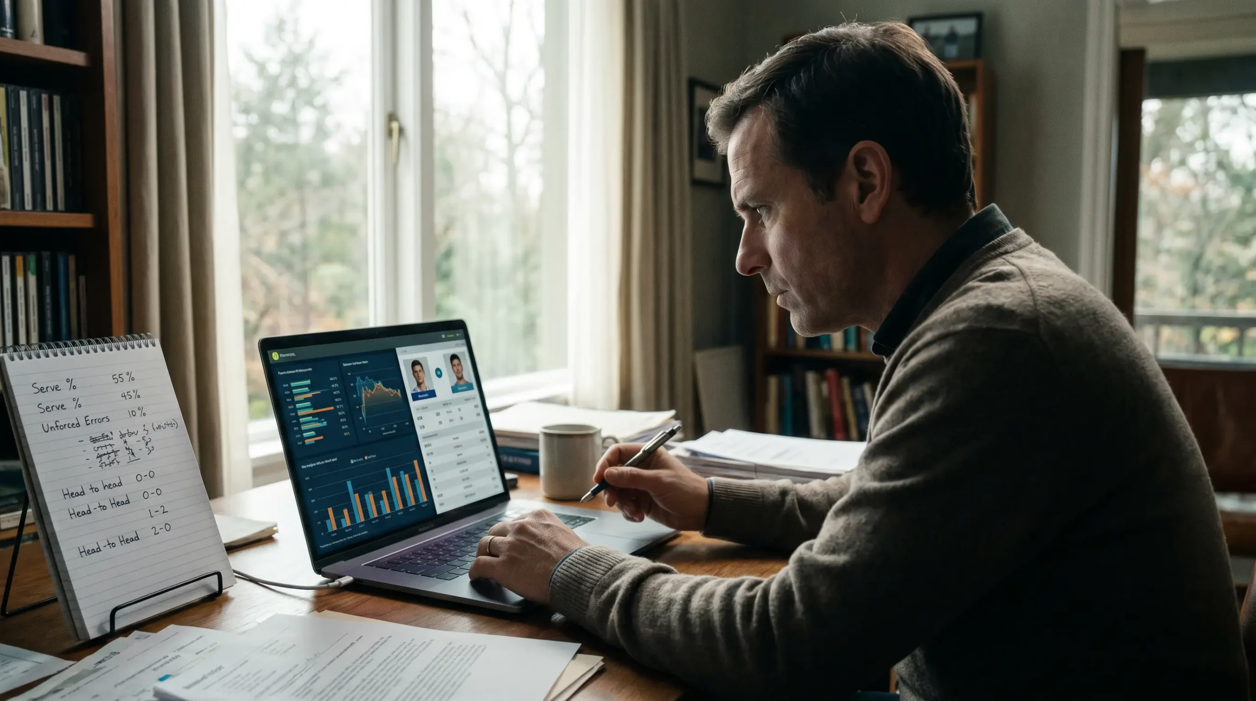 Tennis bettor reviewing match statistics before placing a wager