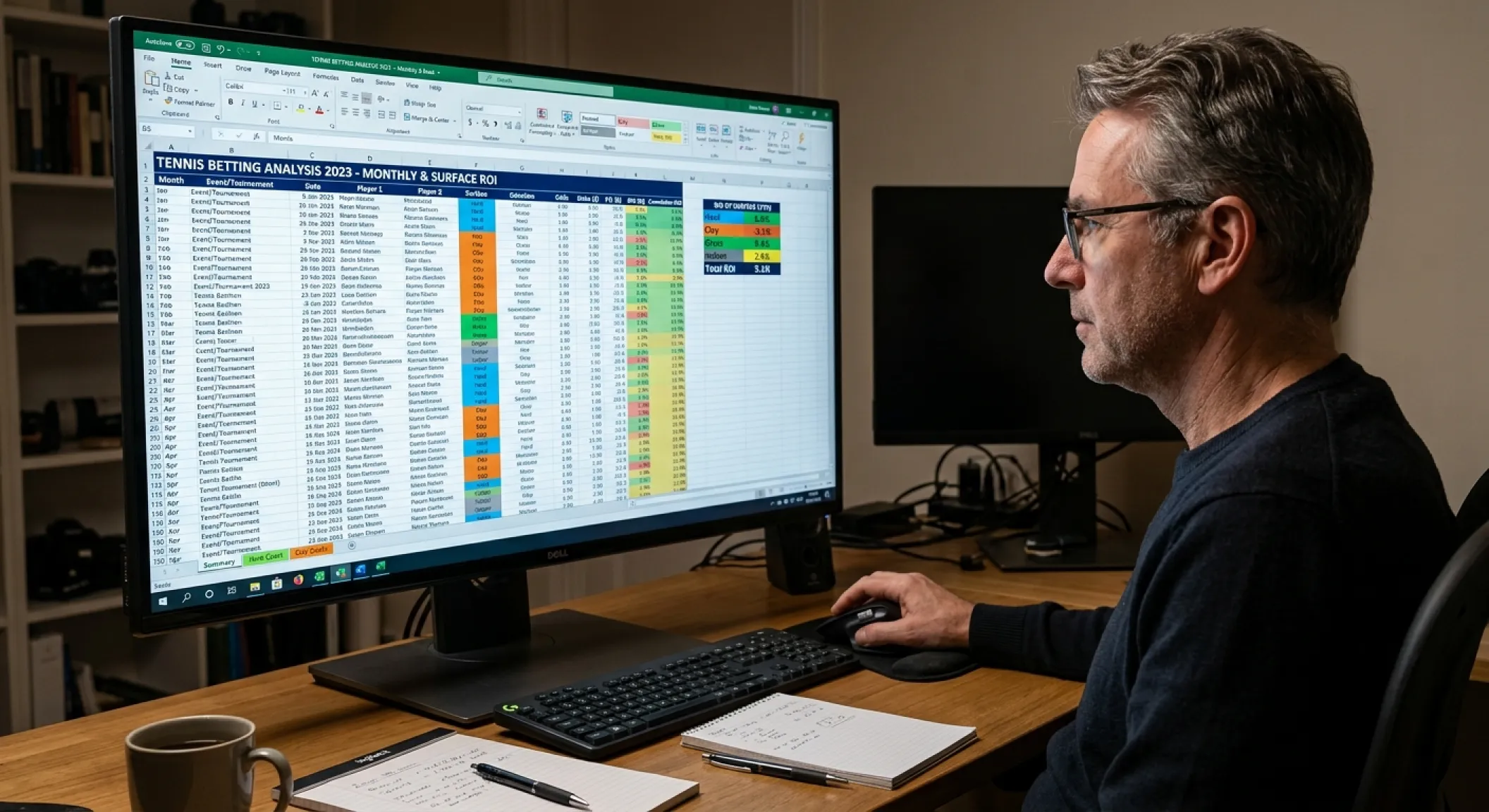 Tennis bet tracking spreadsheet showing ROI by surface and drawdown metrics