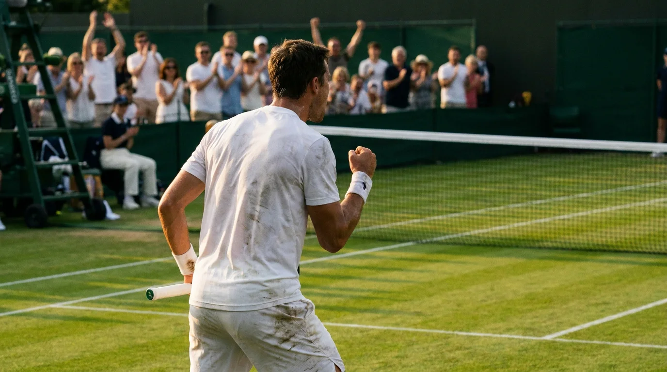 Tennis player celebrating a break of serve with visible scoreboard showing momentum shift mid-match