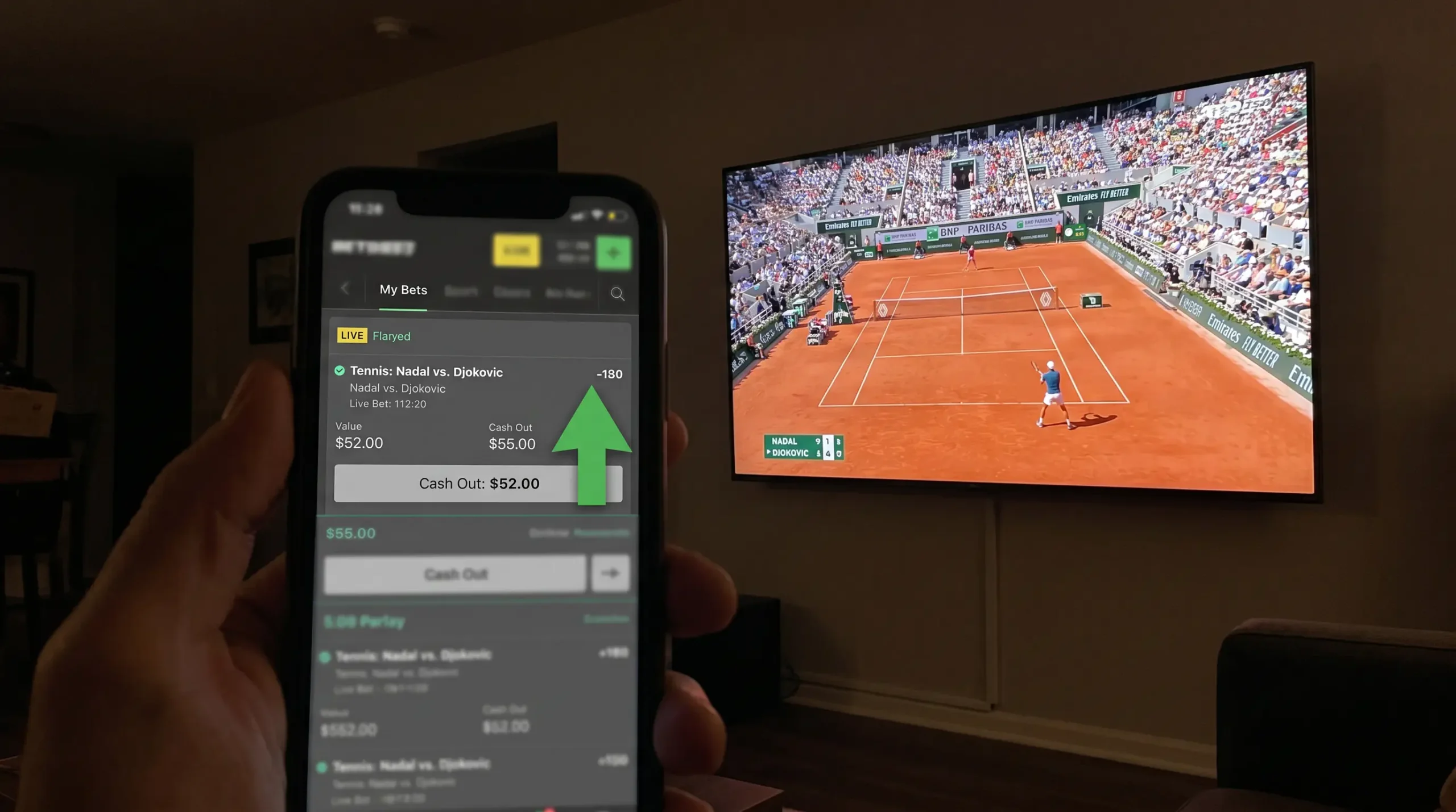 Cash out value rising and falling during live tennis match progression