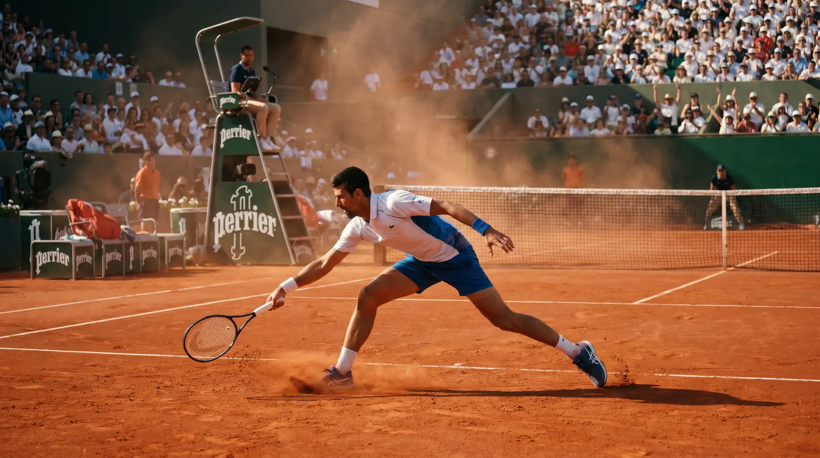 Clay court tennis rally showing surface impact on handicap margins