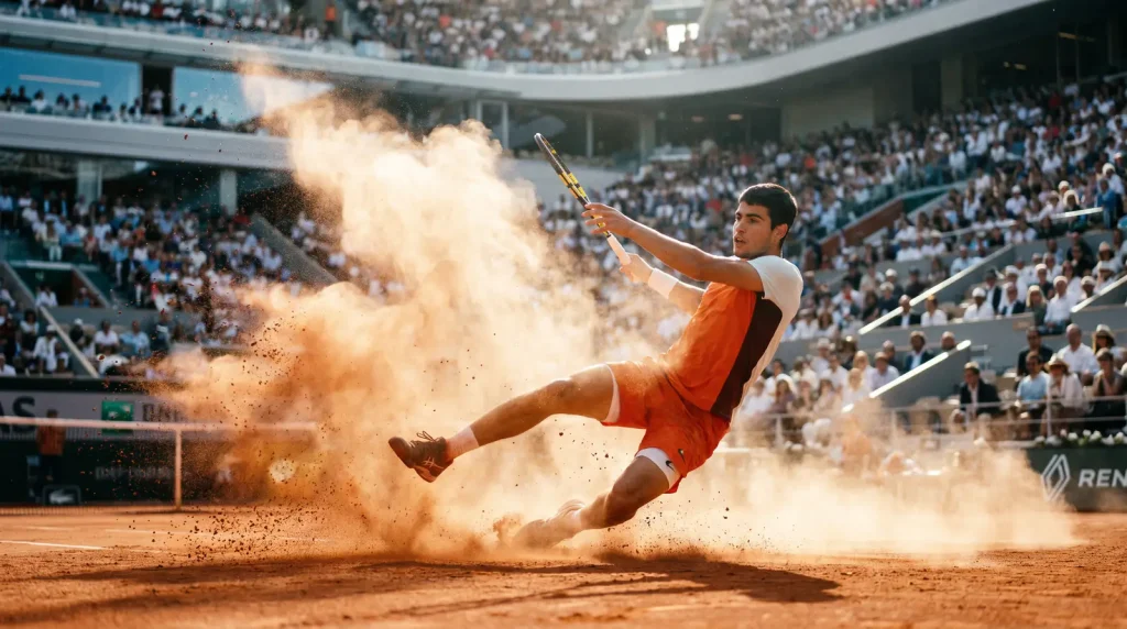 Red clay court tennis surface with ball bounce showing betting edge dynamics