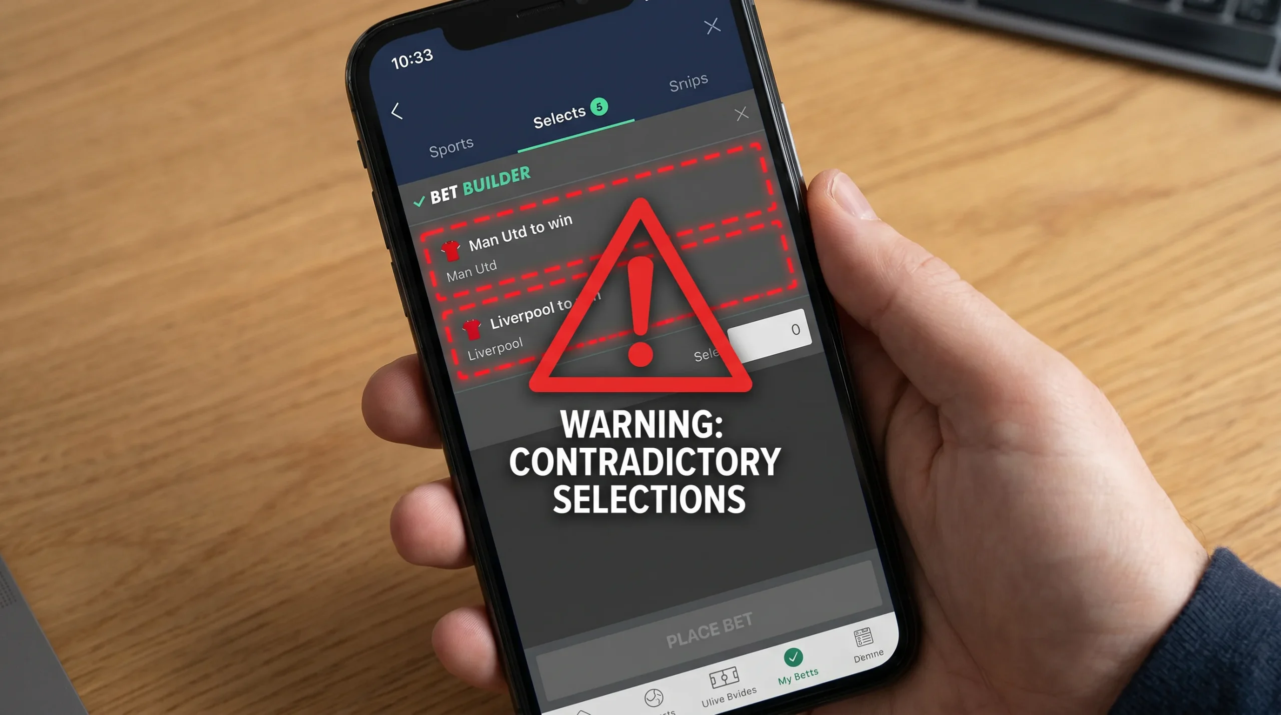 Bet builder with contradictory leg logic highlighted for tennis match