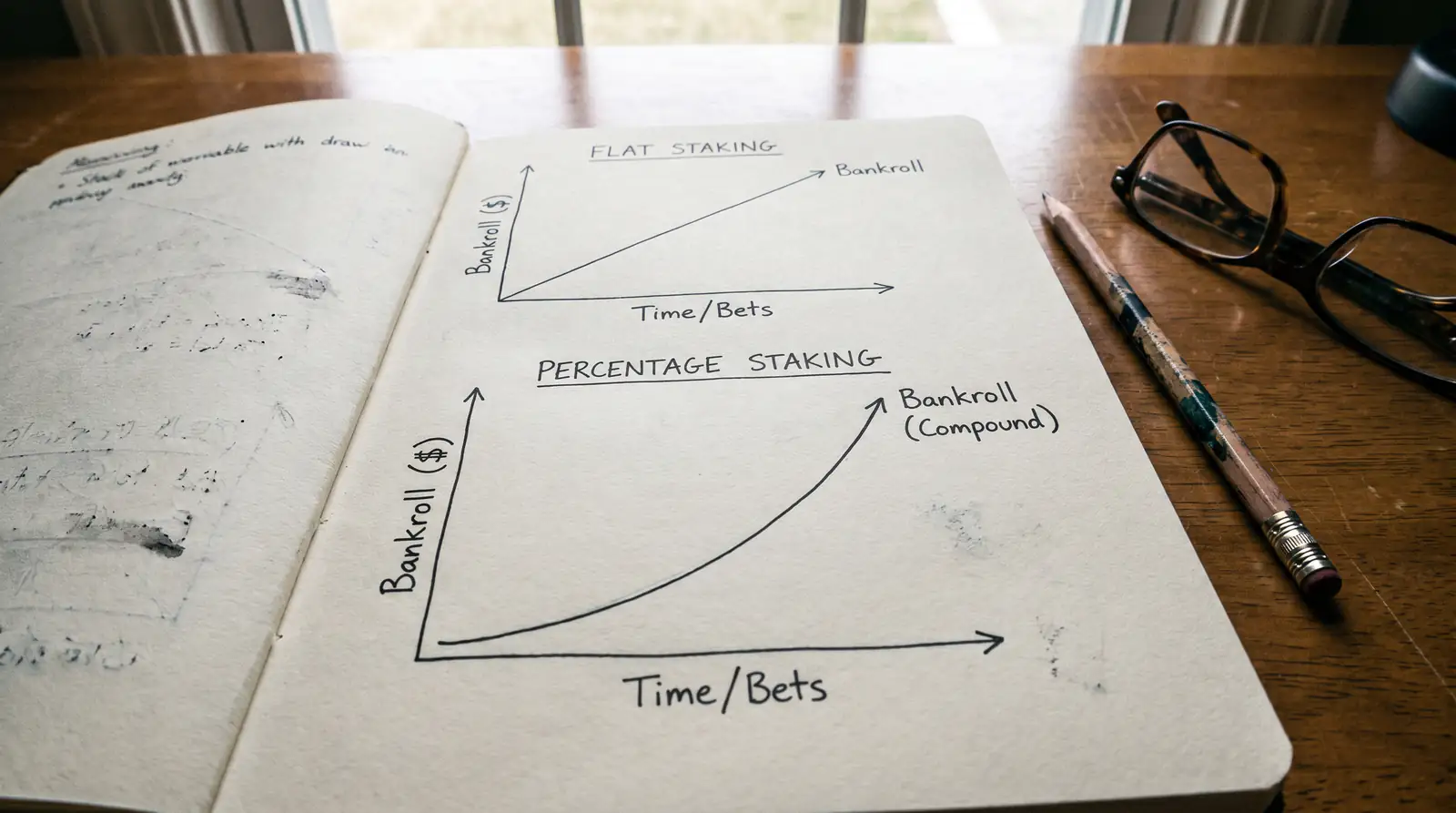 Flat staking versus percentage staking comparison showing bankroll trajectory