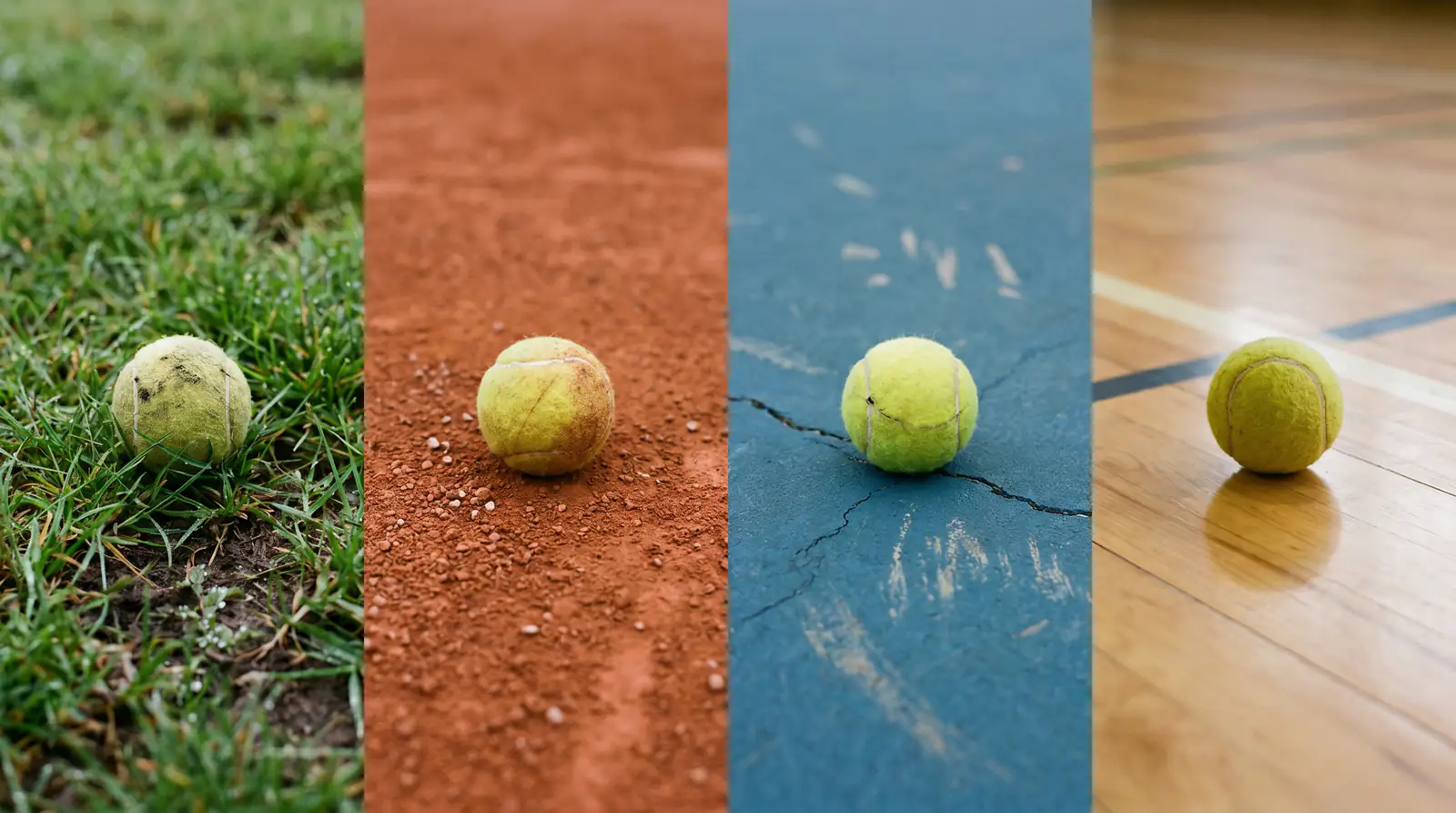 Four Grand Slam surfaces side by side showing different playing characteristics