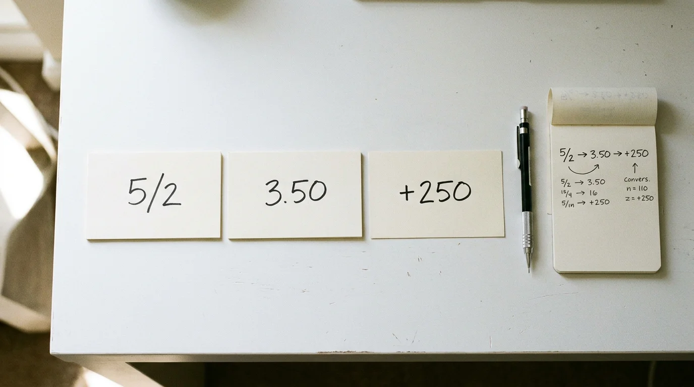 Side-by-side comparison of fractional, decimal and American odds formats applied to a tennis match