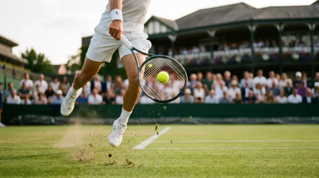 Grass tennis court with low bounce trajectory and serve dominance patterns