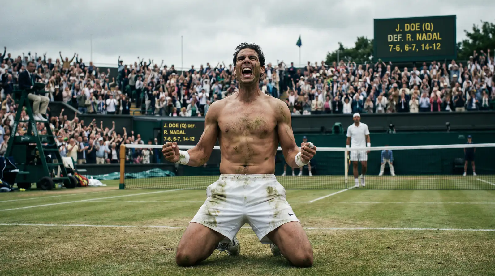 Big-serving underdog winning straight-sets upset on grass court