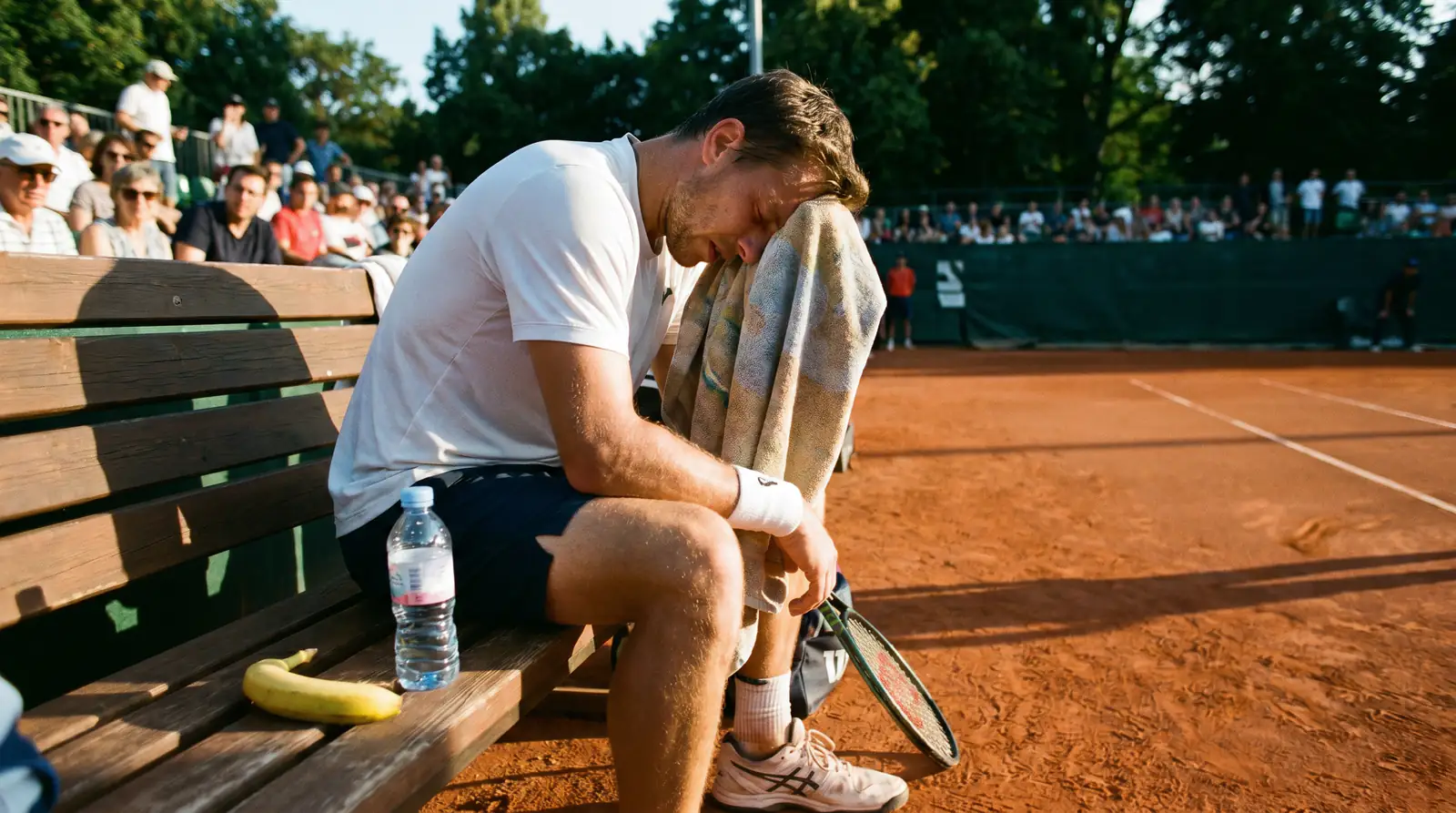 Tennis player towelling off between sets showing fatigue impact on margins