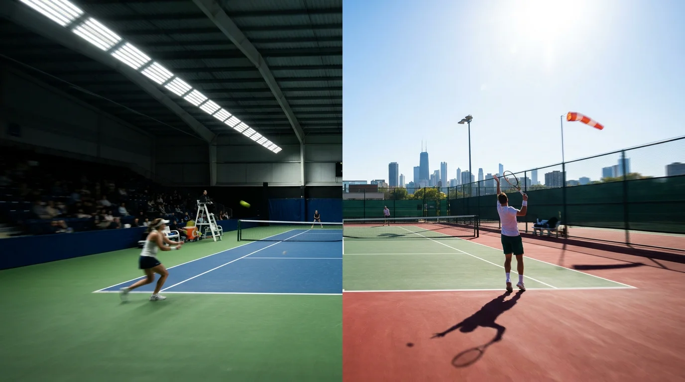 Indoor versus outdoor hard court speed comparison with serve advantage amplification