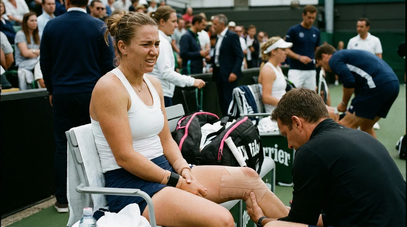 Tennis player with visible injury concern during warm-up session
