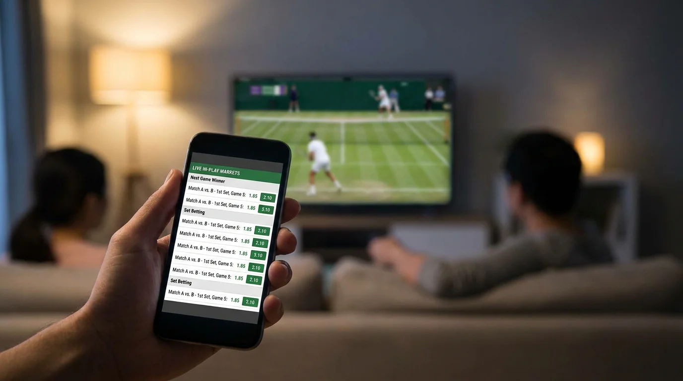 Smartphone screen showing next-game-winner and point-level in-play tennis markets