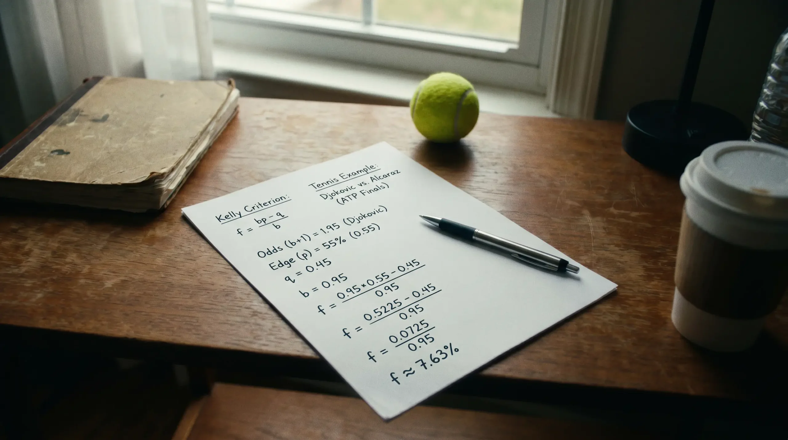 Kelly criterion stake calculation applied to tennis match probability estimate