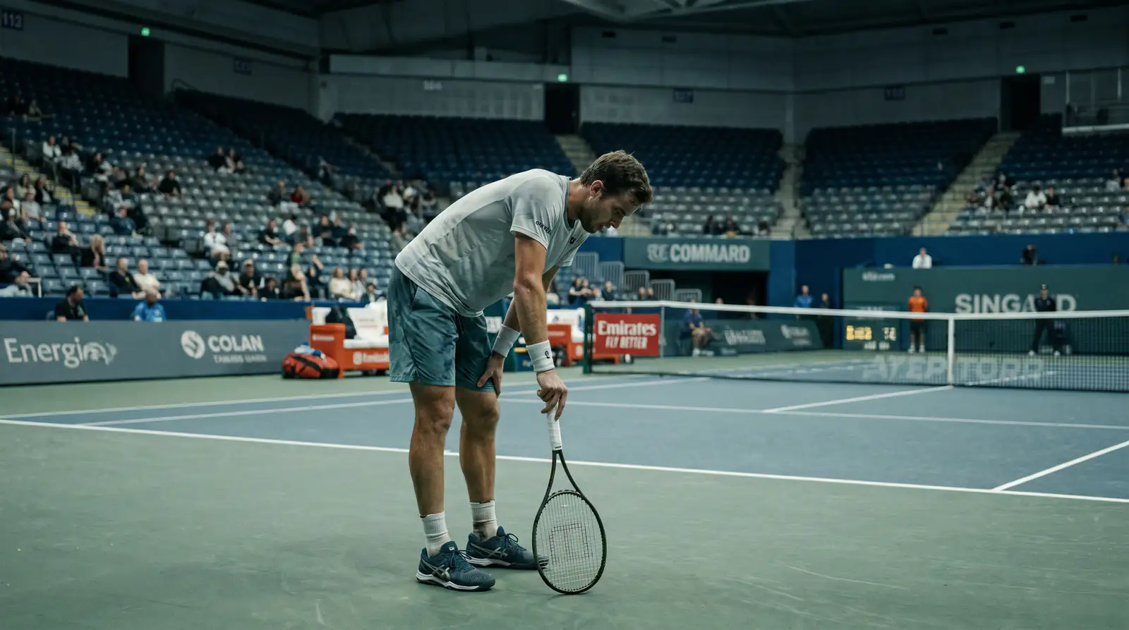 Tennis player in late-season indoor event showing fatigue and motivation factors