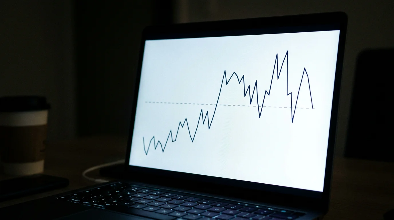 Laptop displaying live tennis odds graph with equilibrium price line and divergence points marked