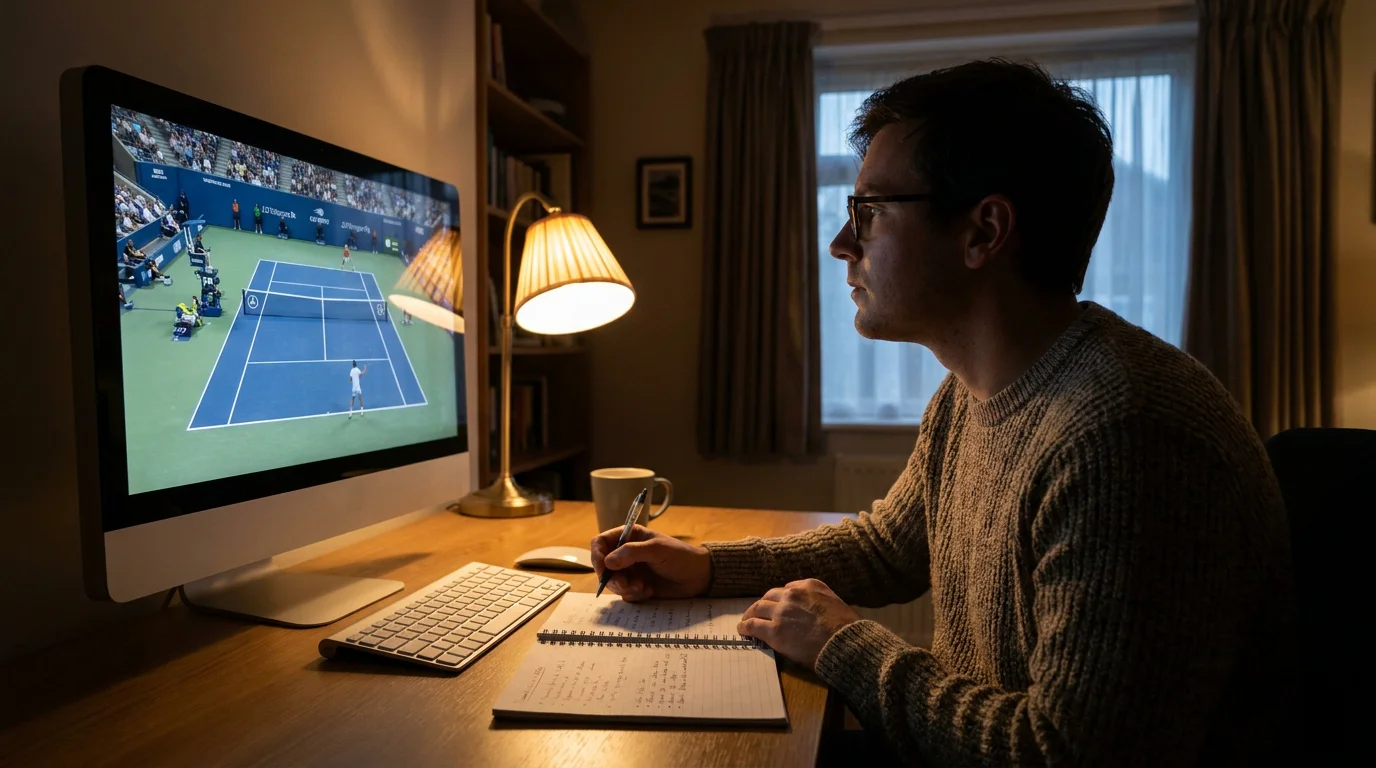 Person watching tennis on screen with notepad showing pre-defined exit conditions for live betting