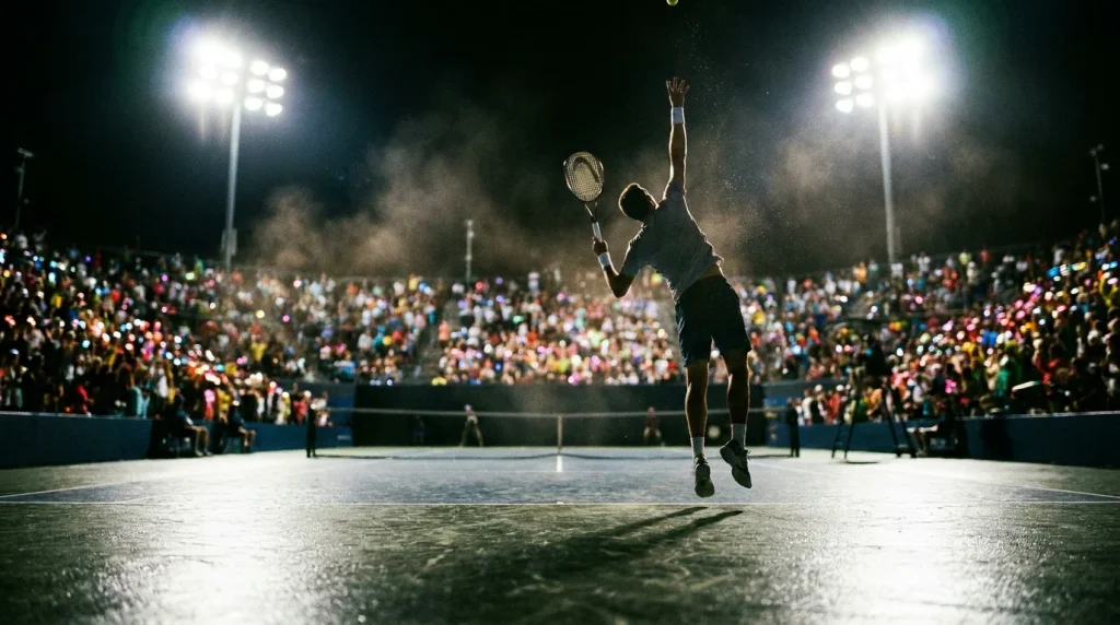 Tennis player mid-rally on hard court under stadium lights capturing the intensity of live in-play betting