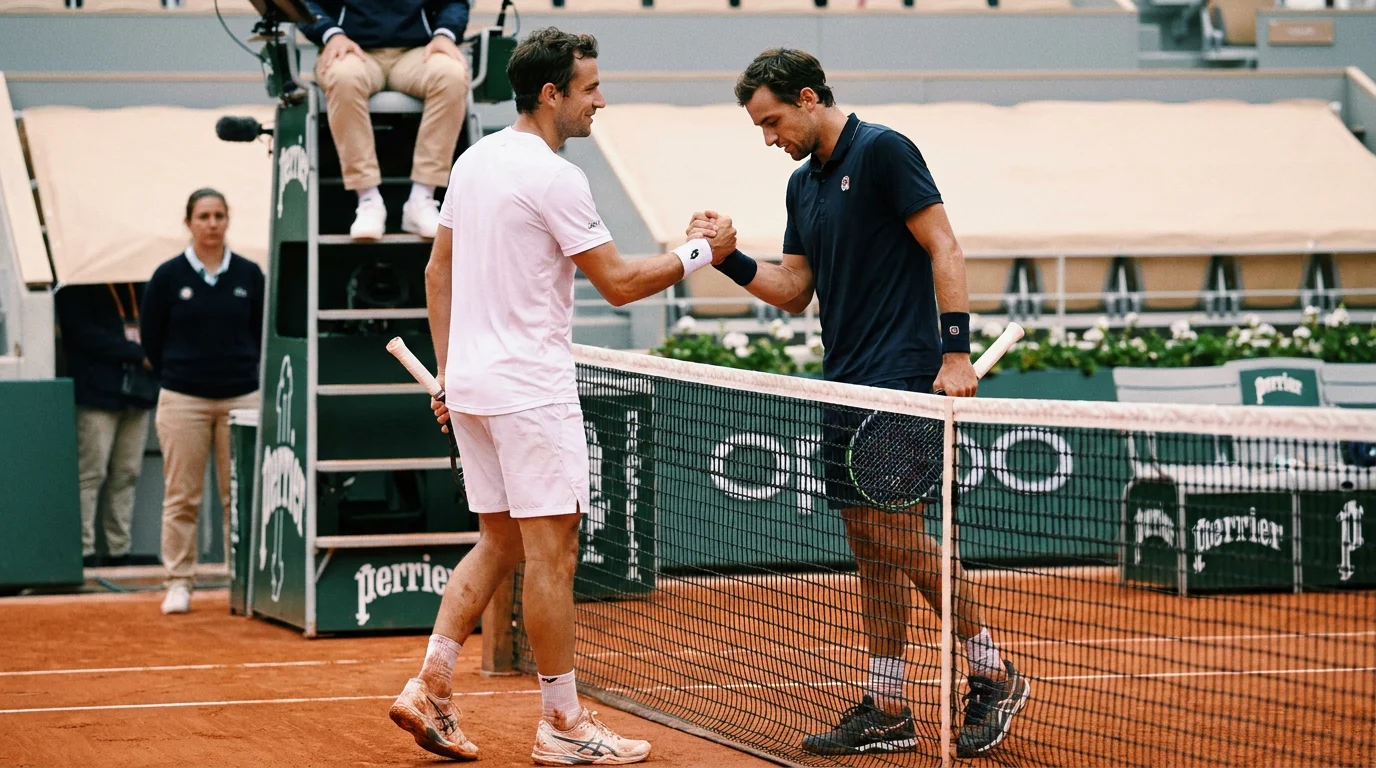 Tennis player shaking hands at the net after a match result showing the simplicity of match-winner betting