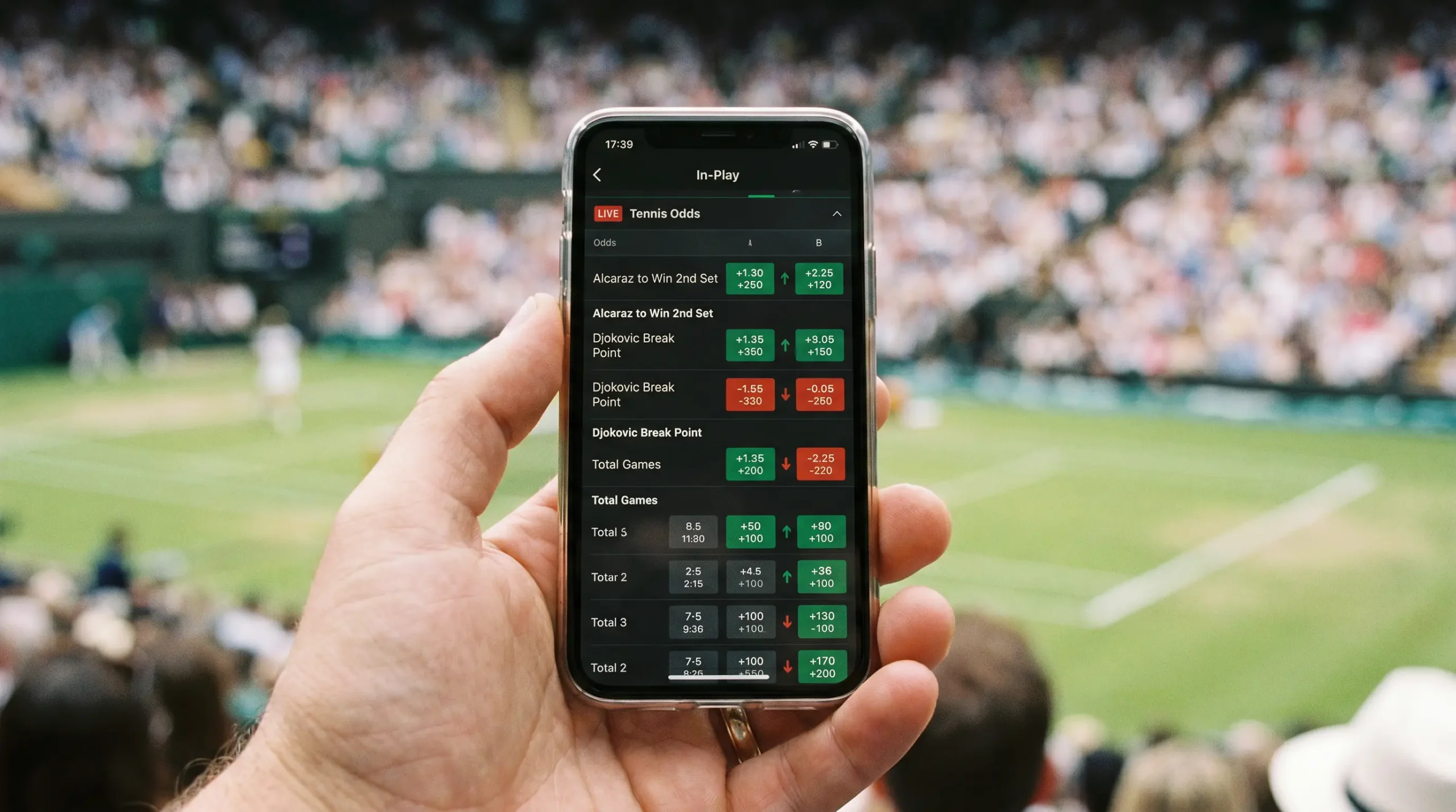 Mobile betting app updating tennis odds in real time between match points