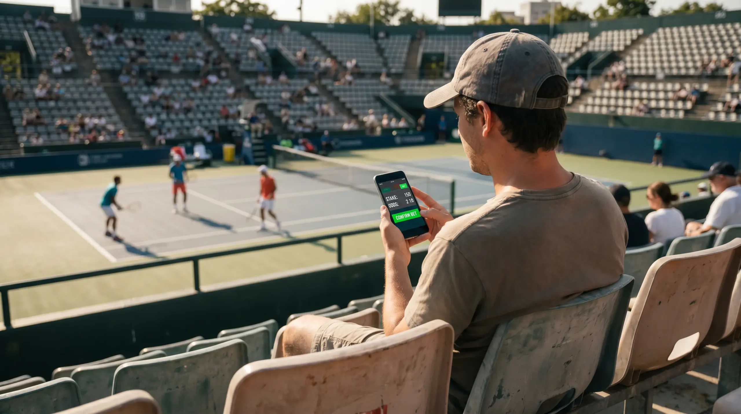 Person using a mobile betting app courtside during a live tennis match with in-play markets visible