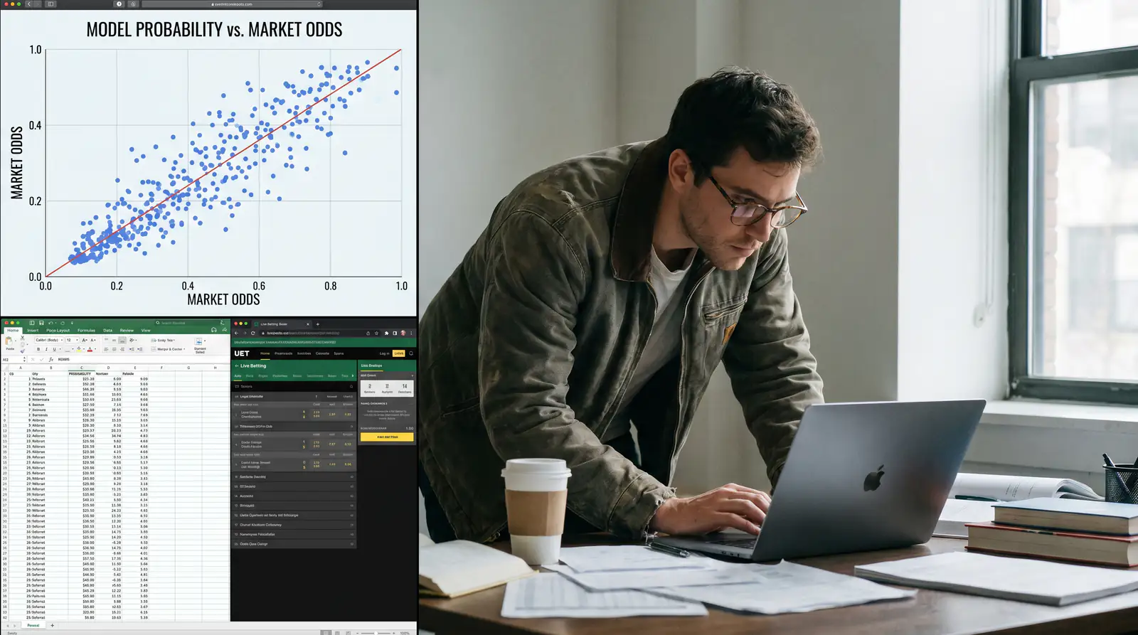 Model probability output compared against market odds for calibration testing
