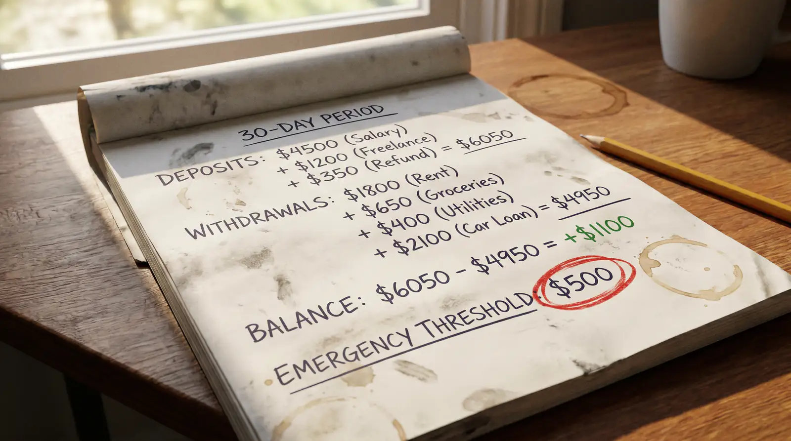Net deposit calculation example showing deposits minus withdrawals in 30-day window