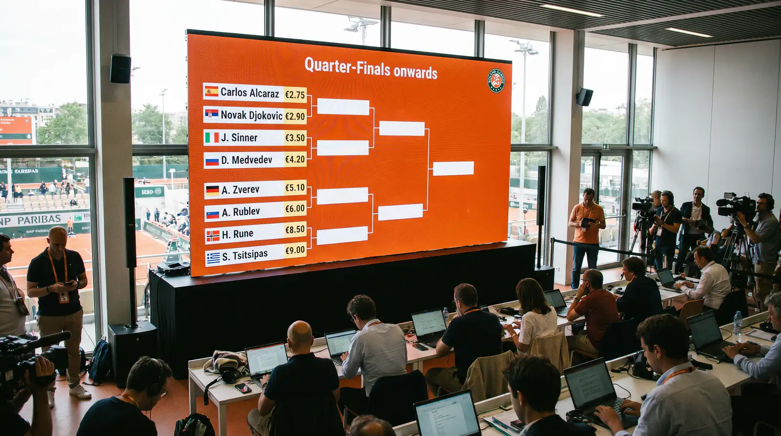 Tennis tournament bracket narrowing through rounds showing diminishing outright value