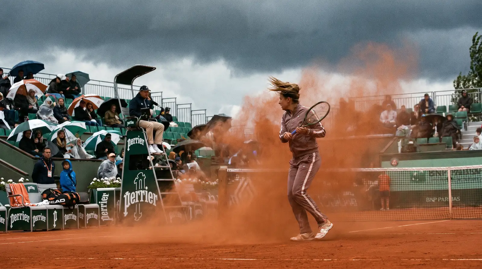 Wind affecting play at Roland-Garros open-air stadium during a match