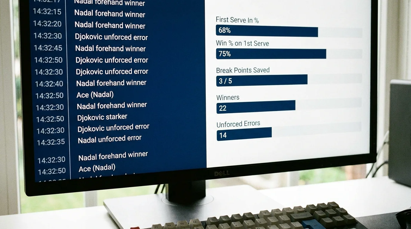 Betting platform interface with embedded live tennis statistics including serve percentages and break points