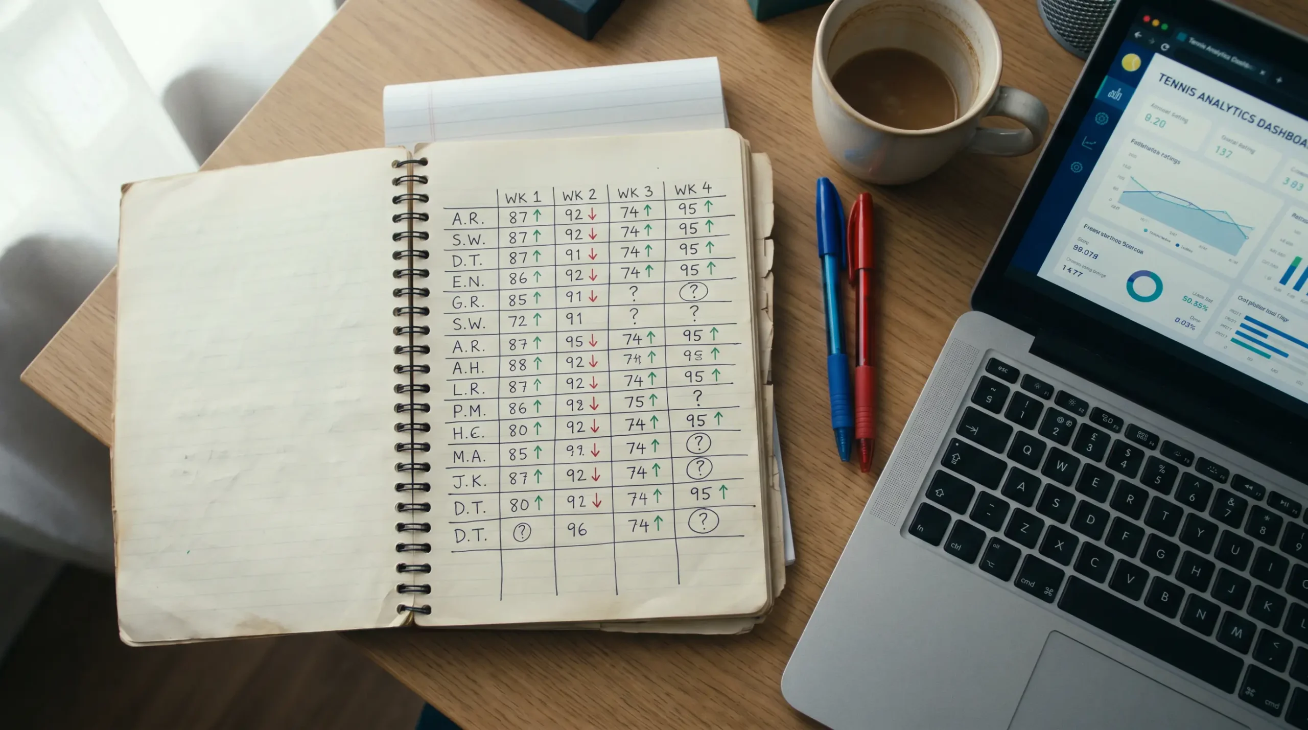Notebook with player form ratings combining results momentum, serve metrics and schedule load
