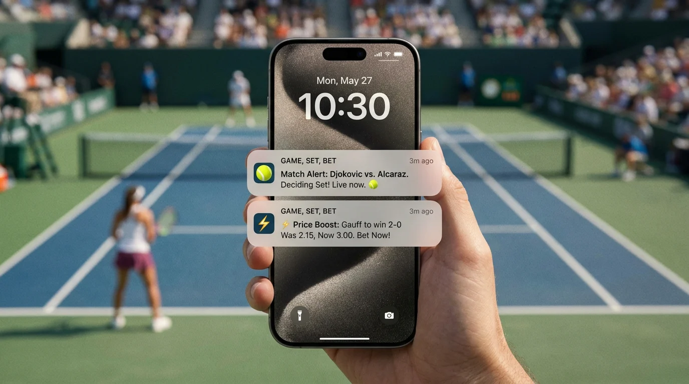 Tennis betting app push notification settings with match alerts configured