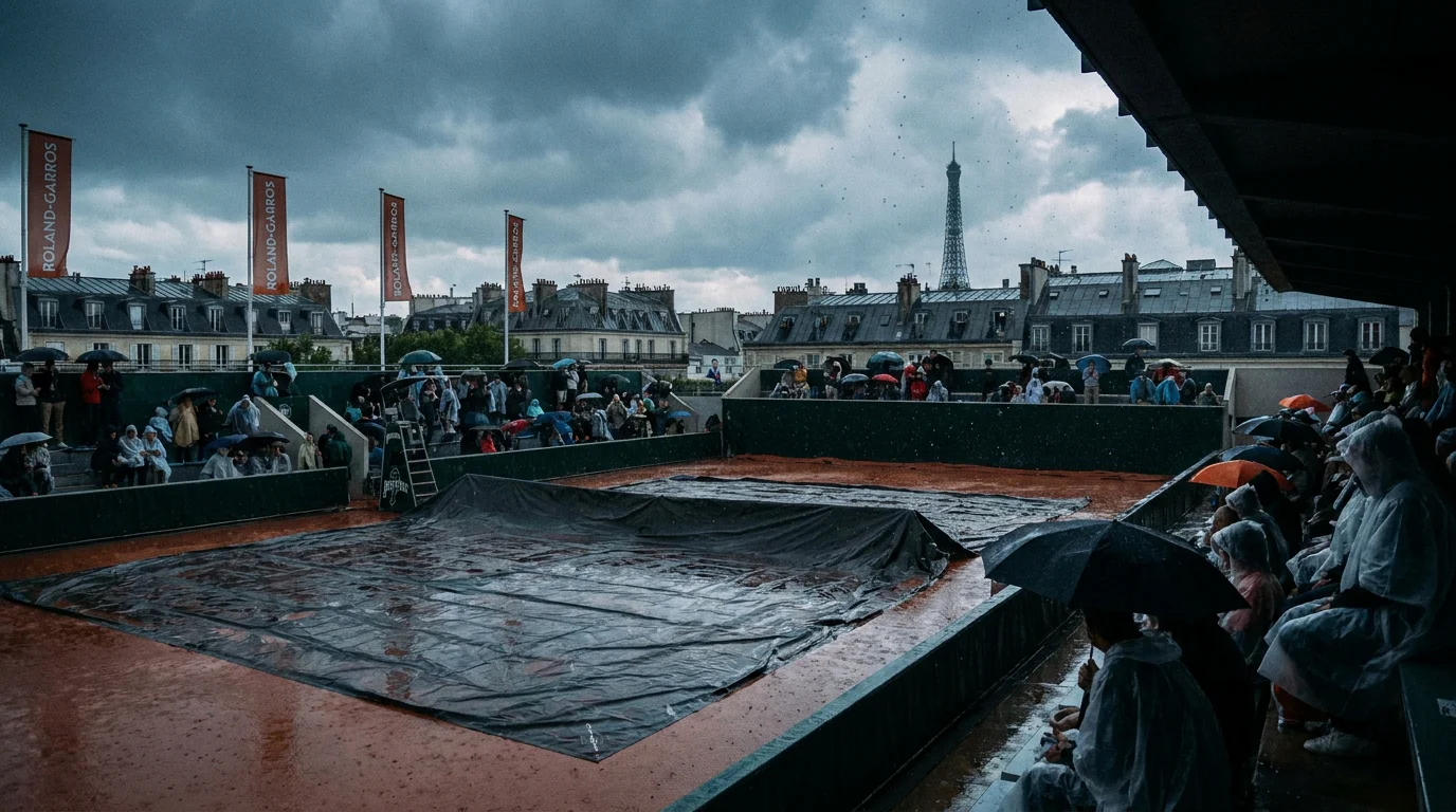 Rain delay at Roland-Garros with covered court and player waiting