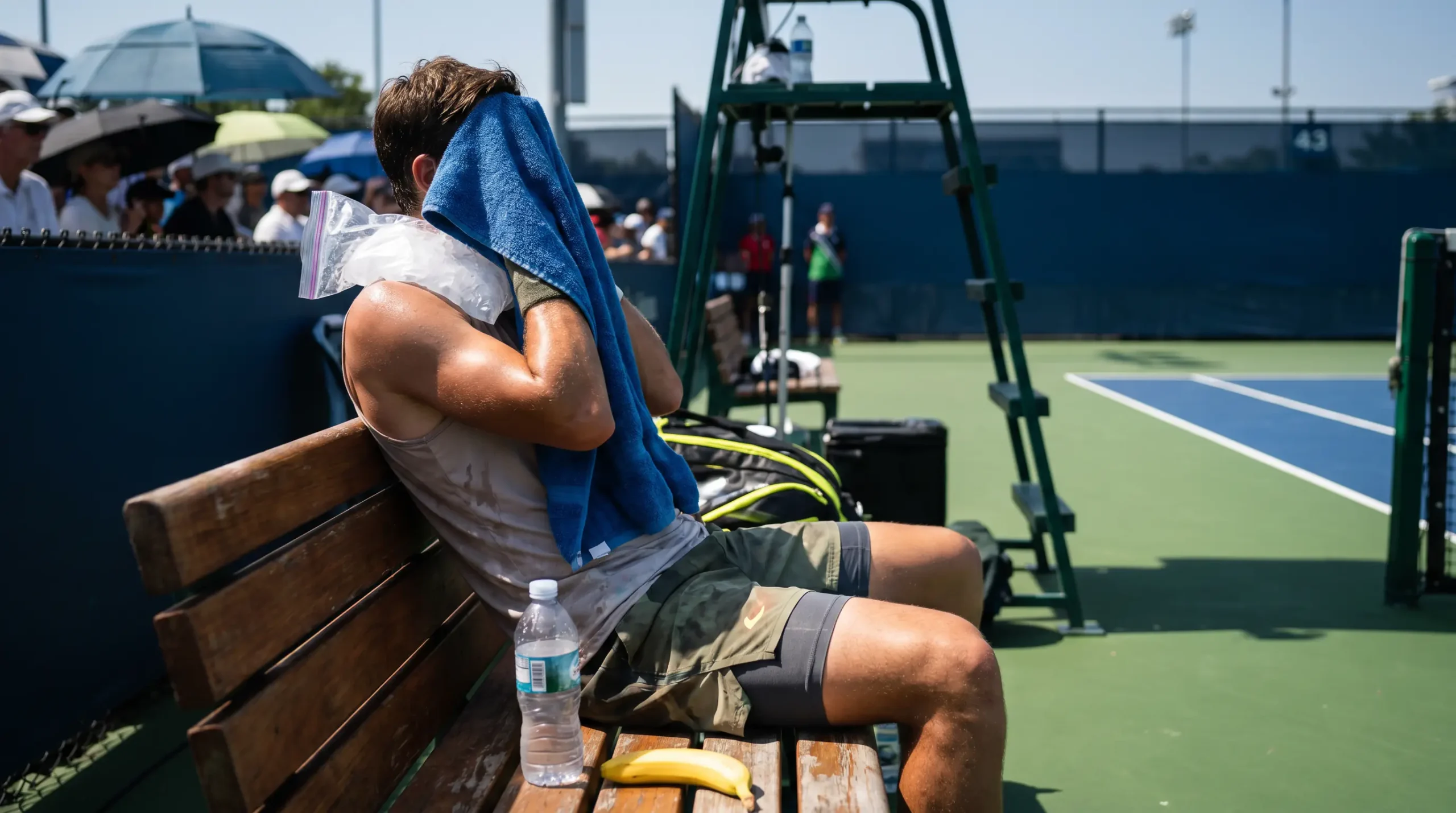 Tennis player towelling off between sets in hot conditions showing physical demands of tournament scheduling