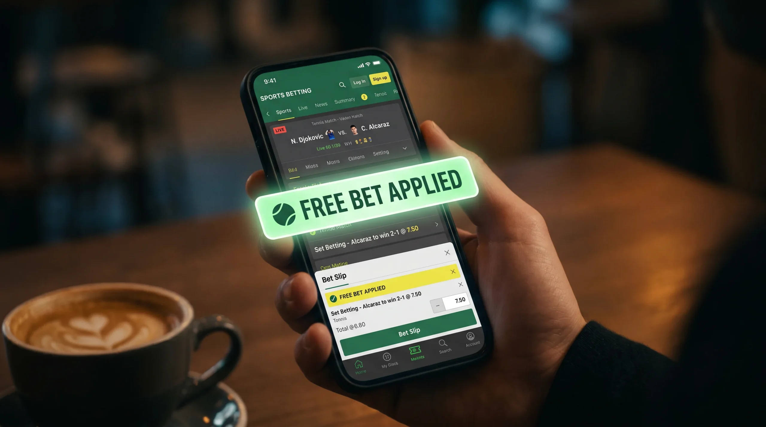 SNR free bet applied to tennis set betting market for higher odds return