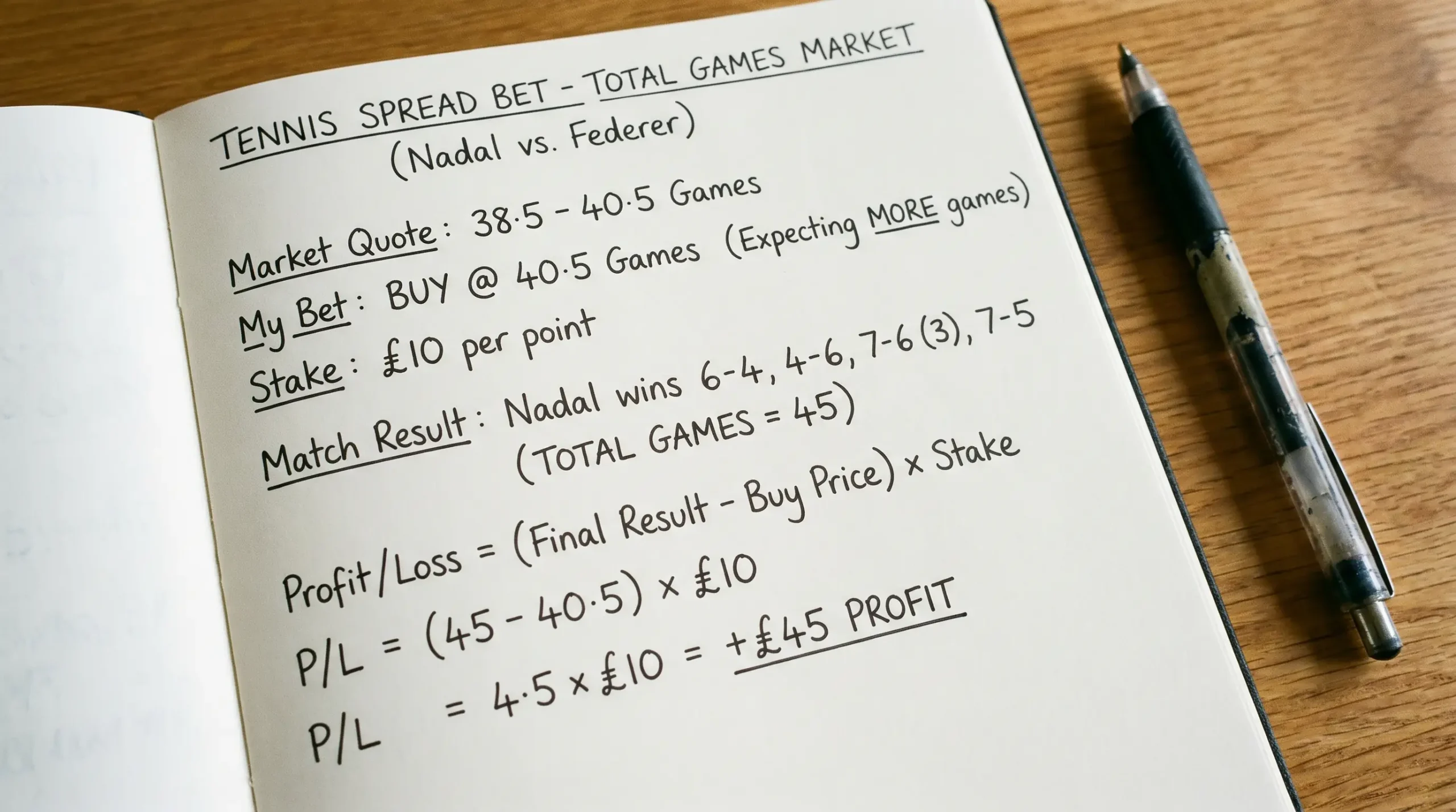 Spread betting profit and loss calculation for tennis total games market