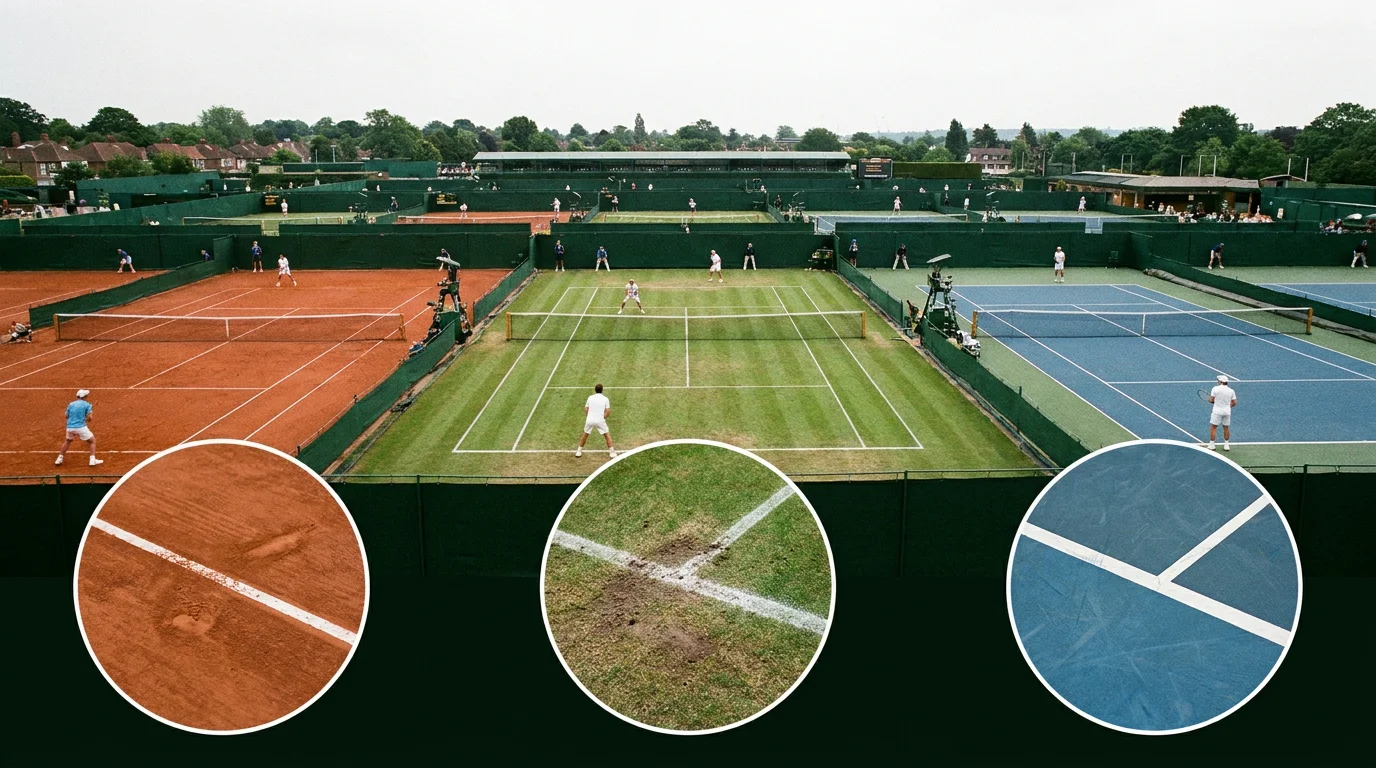 Three tennis surfaces side by side showing correlation risk in accumulators