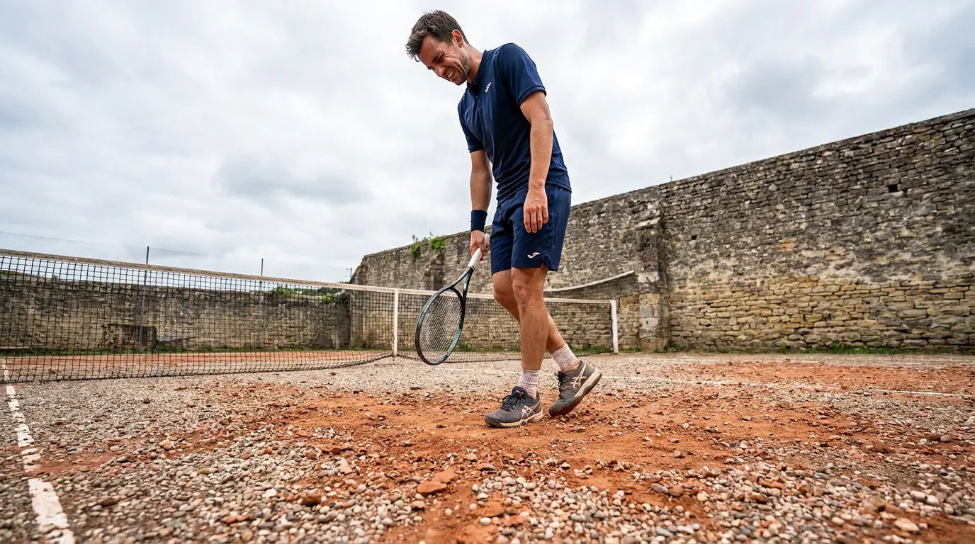 Tennis player adjusting to unfamiliar surface conditions during a match