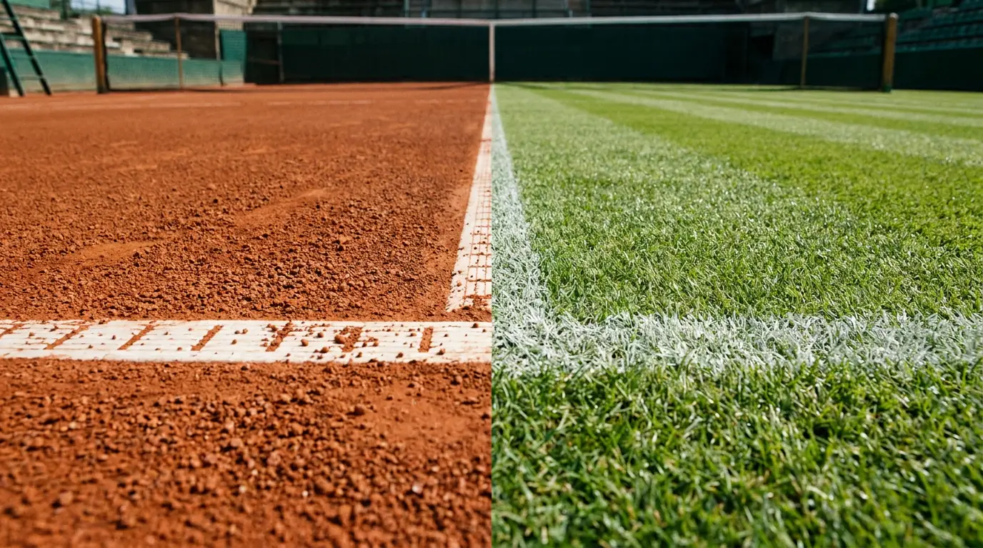 Split view of clay court and grass court surfaces showing contrasting playing conditions for betting analysis