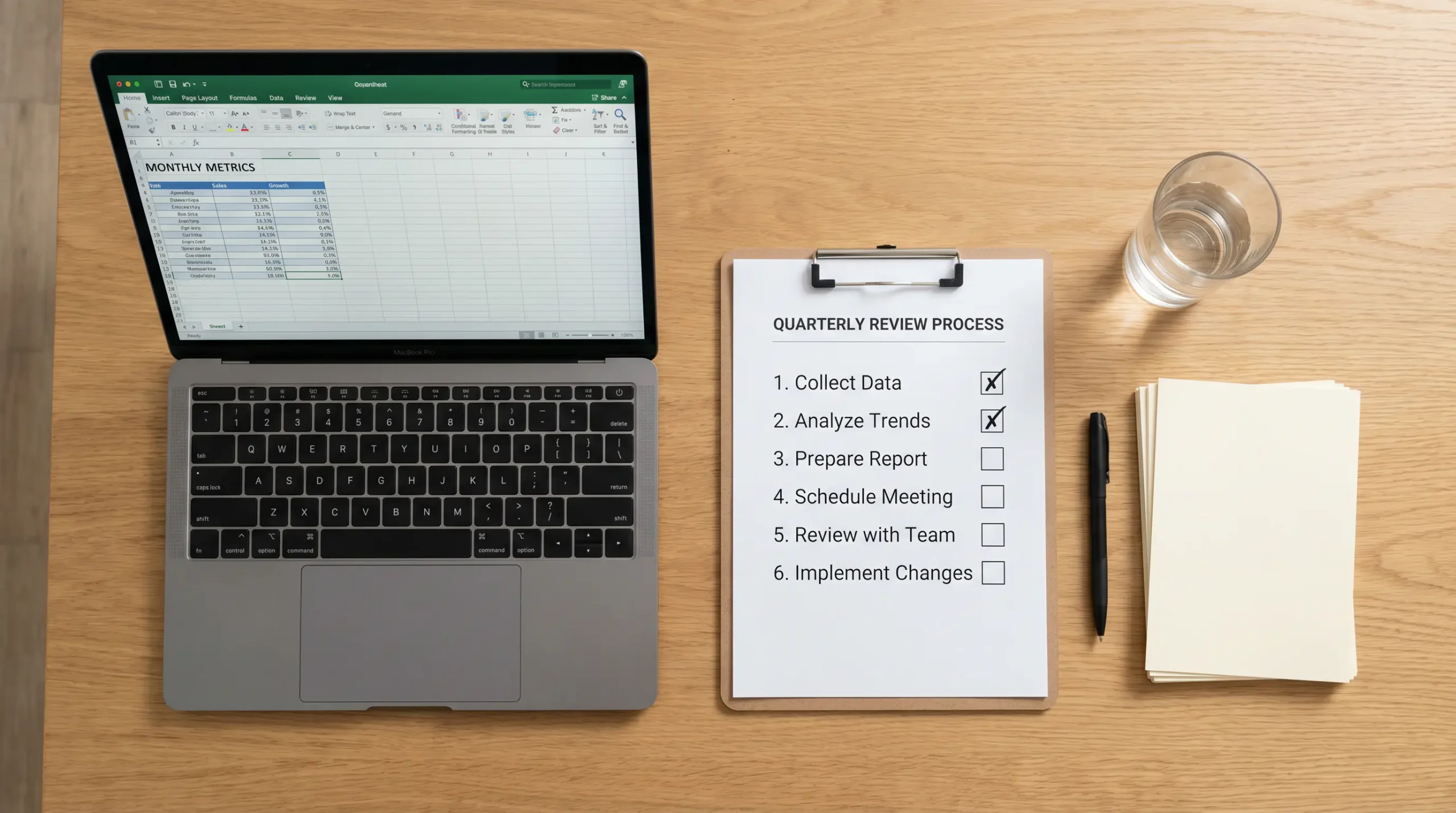 Desk setup with laptop showing tennis statistics, notepad with six-step betting process checklist