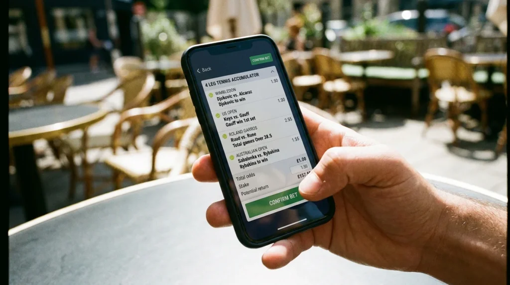 Multi-leg tennis accumulator bet slip across different tournament matches