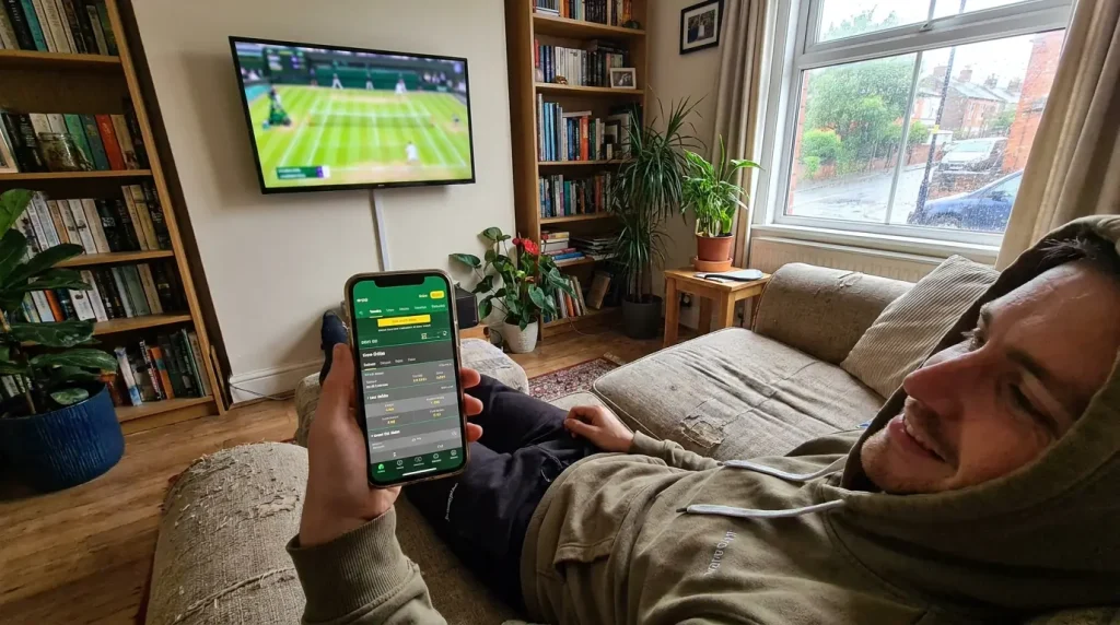 Tennis betting app on mobile phone showing live in-play market for UK bettor