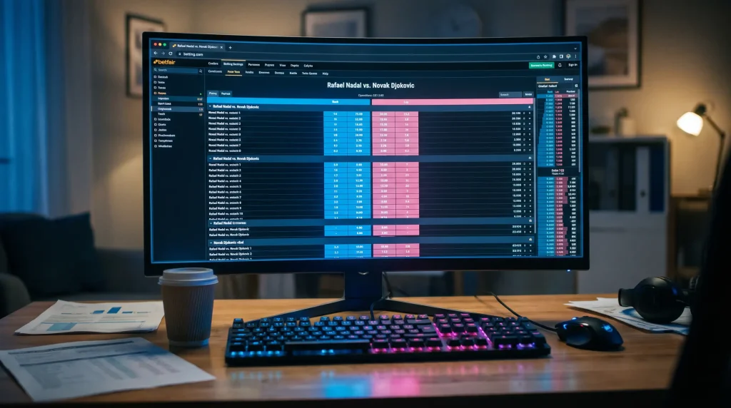 Betting exchange interface showing back and lay prices for a live tennis match