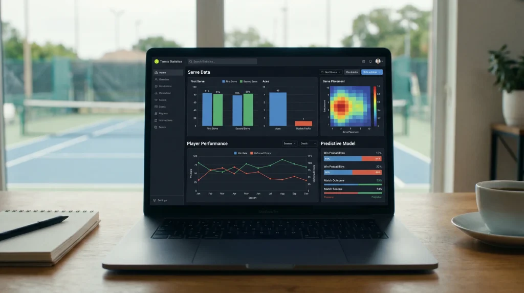 Tennis statistics dashboard showing serve data and predictive model accuracy
