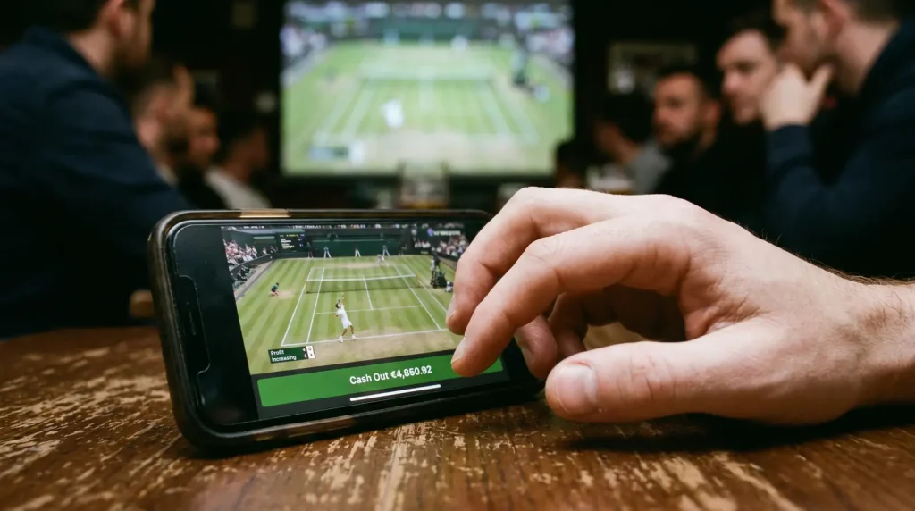 Tennis cash out decision screen showing profit lock-in option during live match