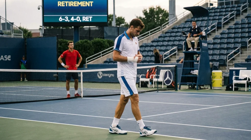 Tennis player retiring mid-match with bet settlement rules explanation overlay
