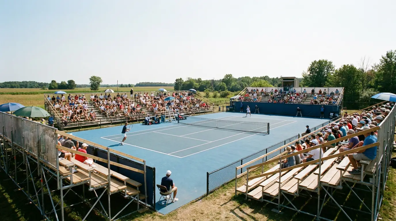 Small tennis venue at Challenger level with sparse crowd contrasting Grand Slam market coverage