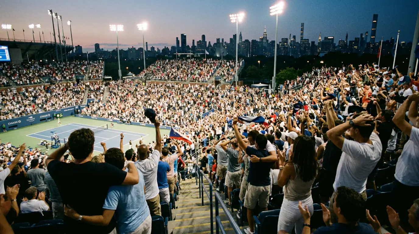 Vocal US Open crowd at Arthur Ashe Stadium during tense tennis match point